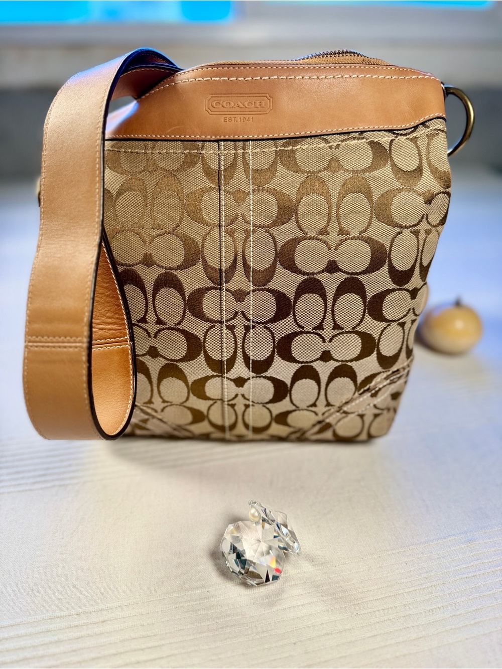 Vintage Coach Brown Signature Canvas Crossbody with Tan Leather Trim
